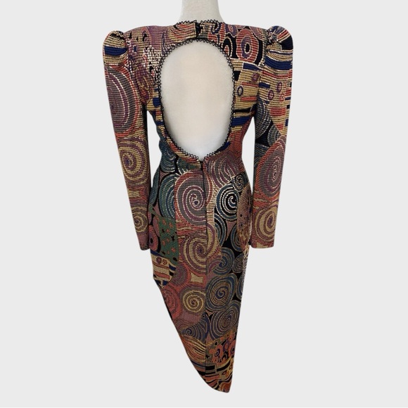 Vintage Multicolor Metallic Painted Bombshell Mesh Front Midi Dress Size Small - Picture 2 of 16